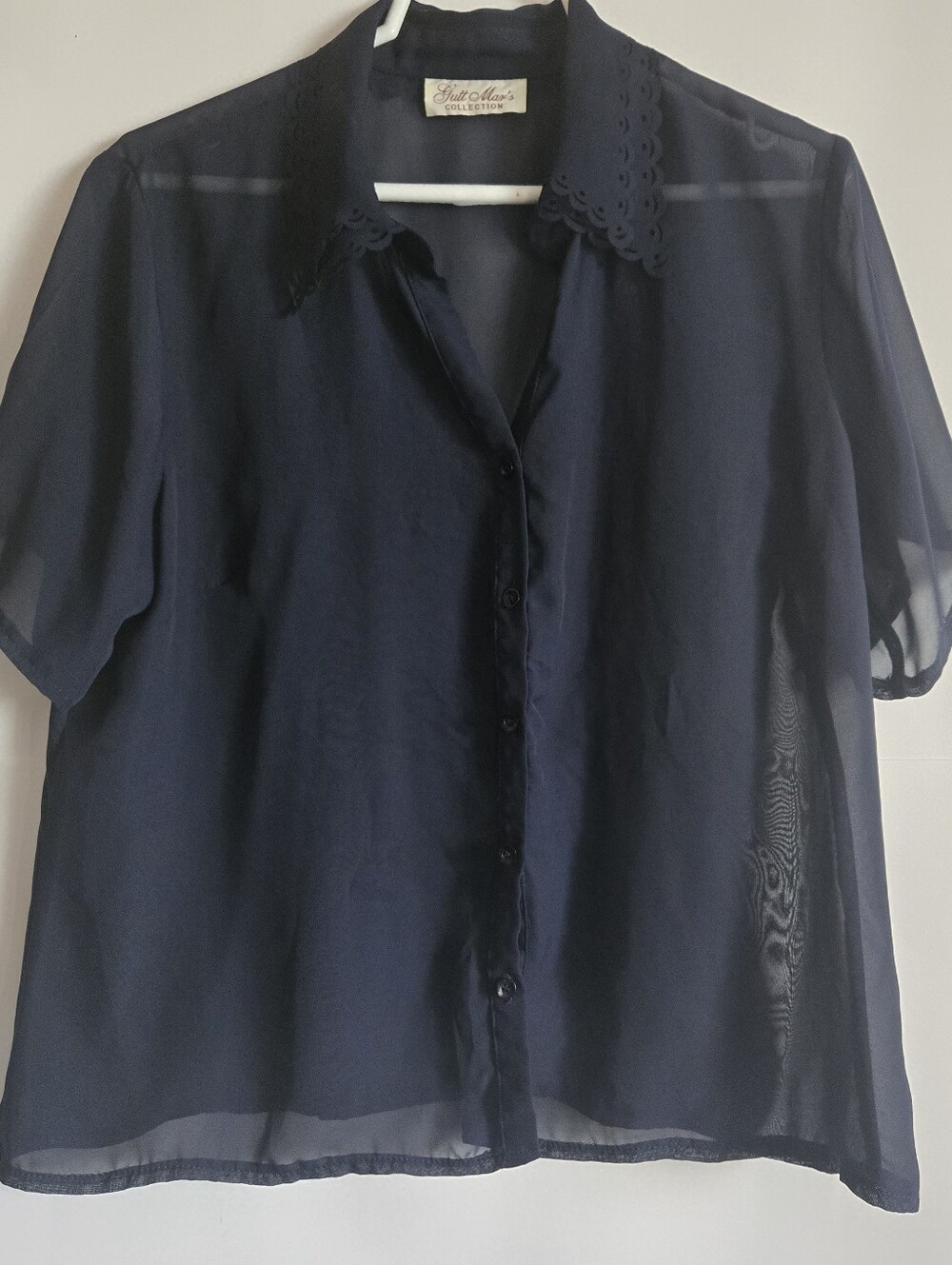 Sheer Navy Short-Sleeve Button-Down Blouse with Scalloped Collar